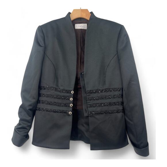 Couture Fashions | 6 | VINTAGE Women's Beaded Black Satin Evening Blazer Jacket - Picture 1 of 5
